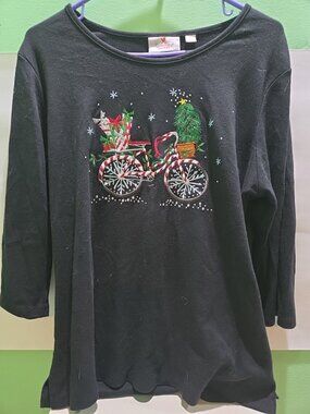 Quacker Factory Christmas Themed 3/4 Sleeve Black Top Shirt L Bicycle Candy Cane